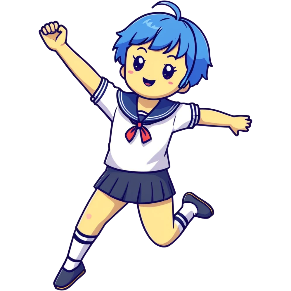 Energetic anime girl with short blue hair wearing Japanese sailor style school uniform, jumping excitedly with arms raised, very cheerful, kawaii style emoji