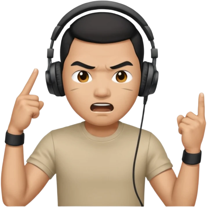 asian Male, angry, wearing headphone having mic, t-shirt 
 emoji