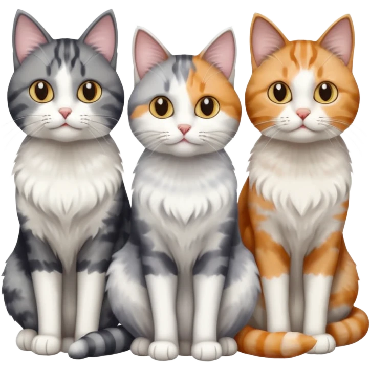 a fluffy grey and white cat sitting with 2 other cats emoji
