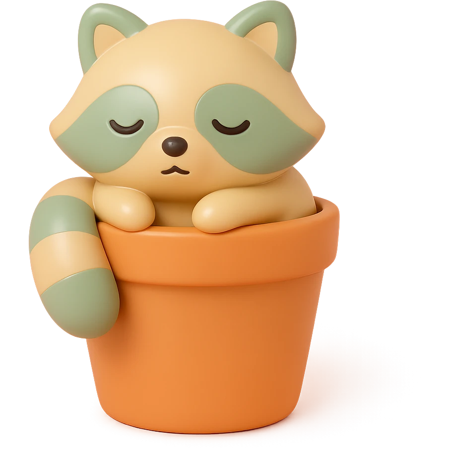 sleepy raccoon inside a flower pot, pastel earthy colors, vinyl figure style emoji