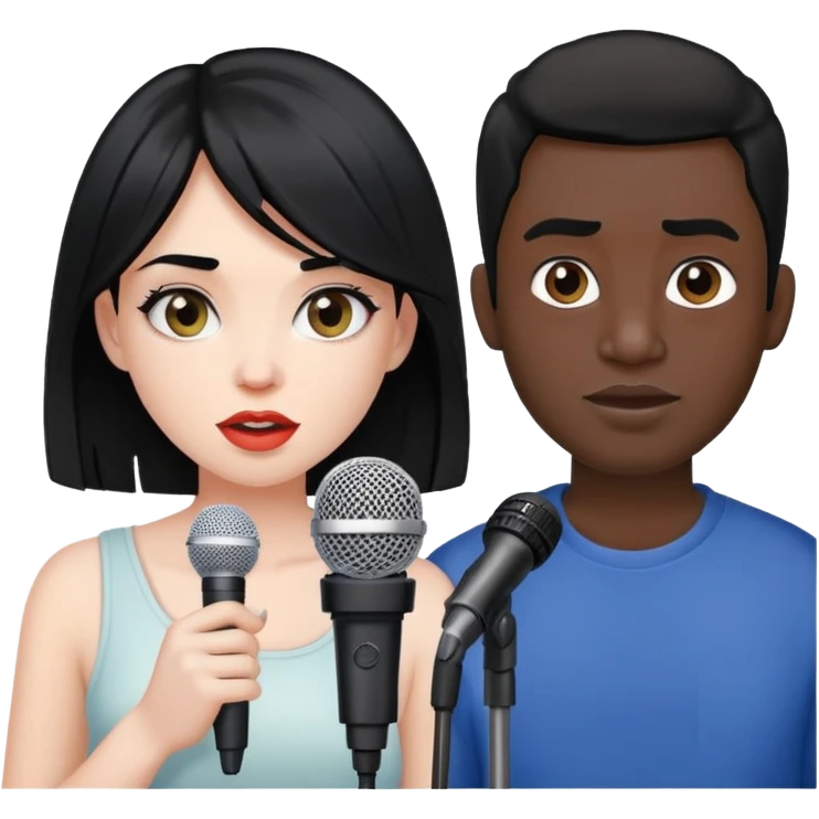 beautiful pale girl with black hair next to dark skin ugly man with microphone emoji