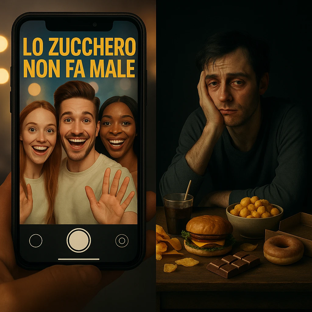 Symbolic split-screen scene: on the social media side, cheerful and smiling experts on a smartphone say in Italian 'LO ZUCCHERO NON FA MALE' with strong lights and colorful filters; on the opposite side, a person showing signs of inflammation and fatigue surrounded by sweets and junk food, dark tones and shadows. Contrast between appearance and reality. Modern style, 4K quality. emoji