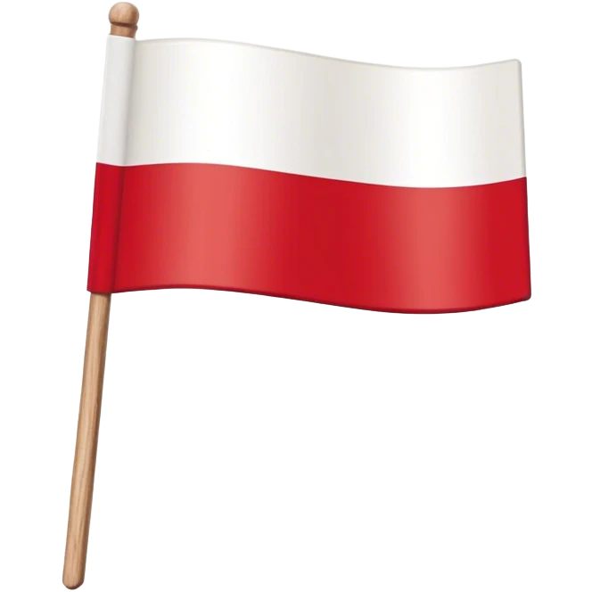 "A simple Polish flag on a wooden stick, waving slightly in the wind. The flag has two horizontal stripes: white on top and red on the bottom. The stick is light brown, made of wood, and slightly tilted to the right. The background is plain white emoji