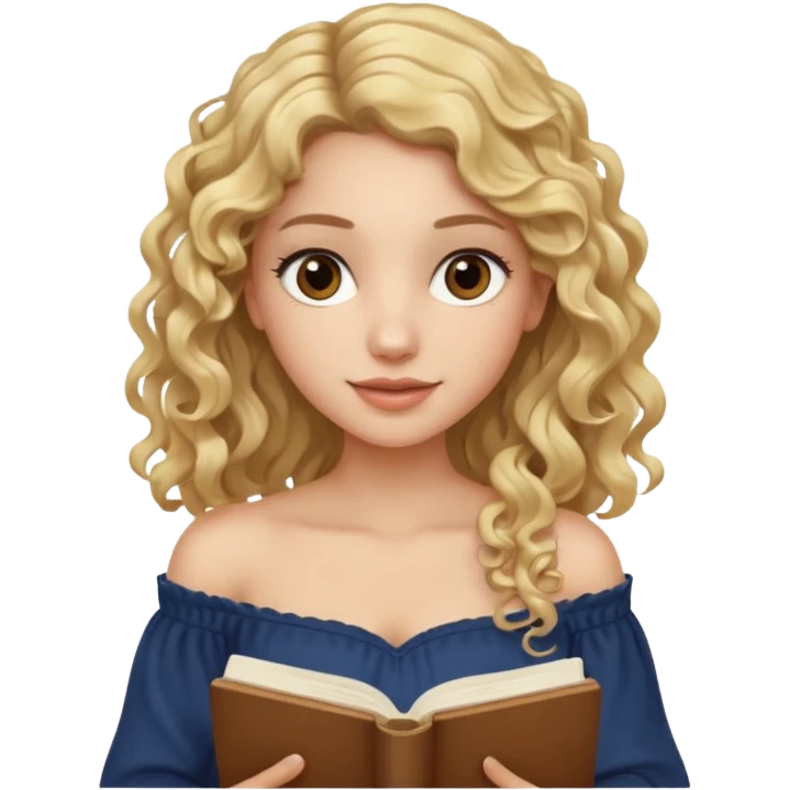 woman with long curly blond hair, brown eyes, wearing an off-shoulder top, studying emoji