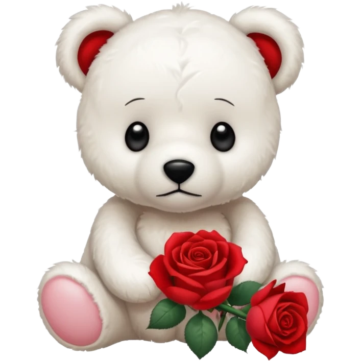 Cute white teddy bear with sad puppy dog eyes holding roses  emoji