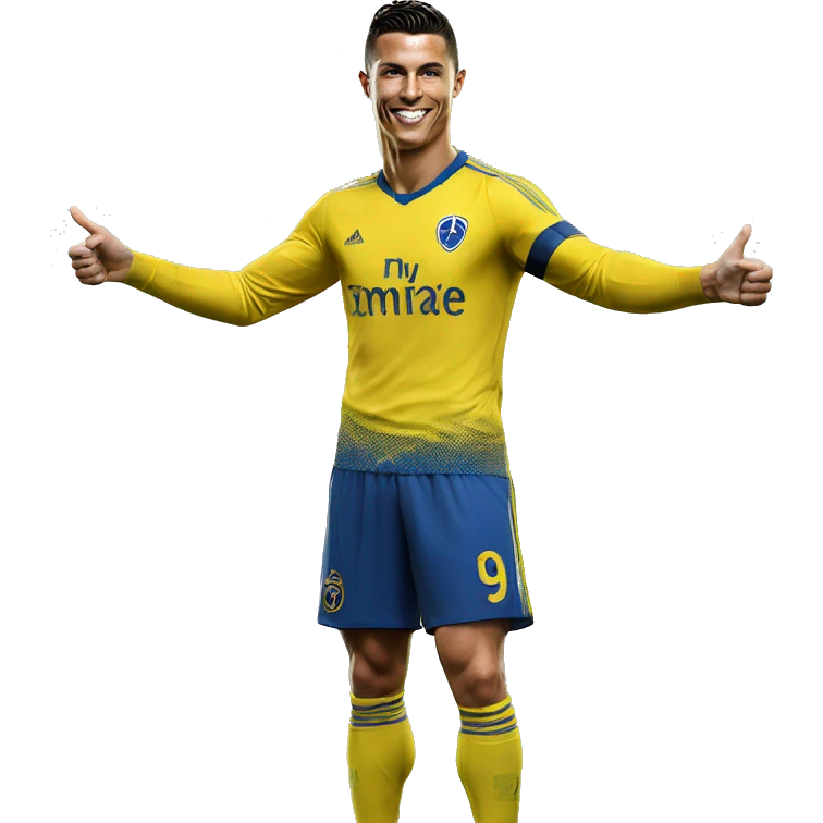 photorealistic Cristiano Ronaldo in Al Nassr jersey shows thumbs up emoji