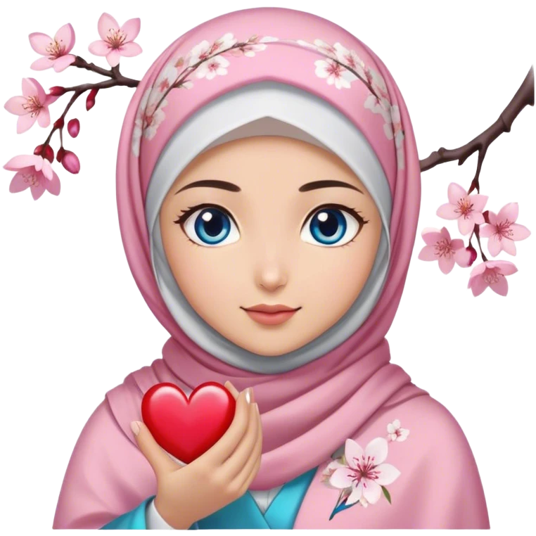 Turkish beautiful finish Konya girl blue eyes with cherry blossom flower design hijab and hold heart in her hand  emoji