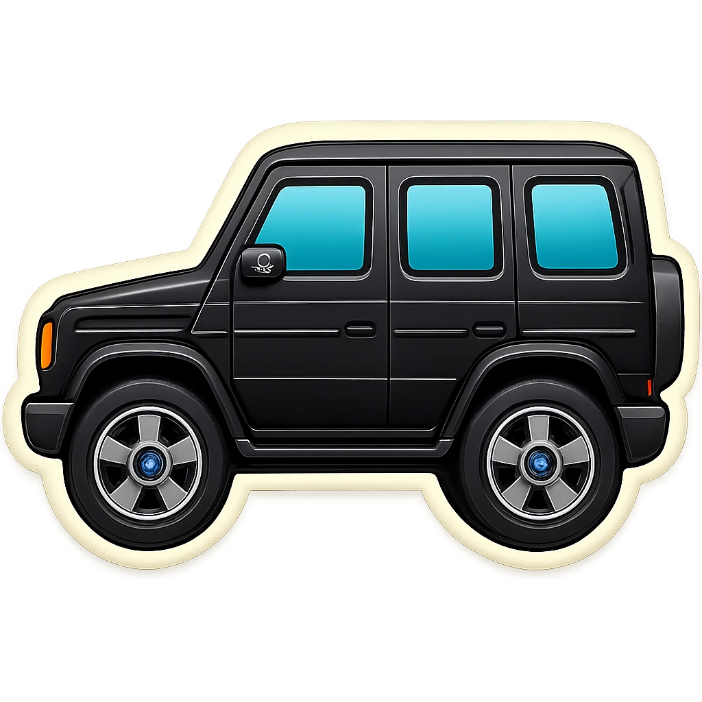Remove the white outline from the simple, cartoonish Mercedes G-Class emoji. Keep the minimal, rounded, glossy style with a black body, large windows, and wheels. Ensure no background is present. emoji