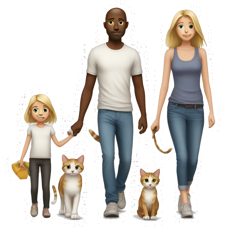 Young white Familie skinny casual walking and cats emoji