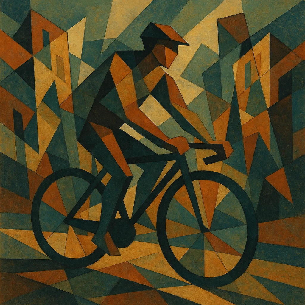 Cyclist riding through a jagged cityscape of distorted perspective.
 emoji