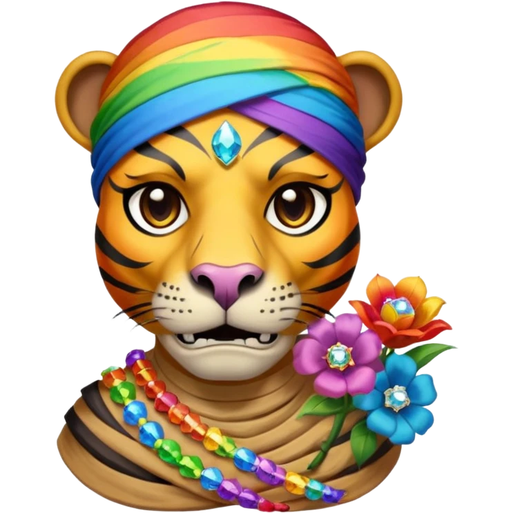 a mummy who is also a pirate make his skull a half flower rainbow diamond part hippo part tiger who is blue and gold whos head is on rainbow fire emoji