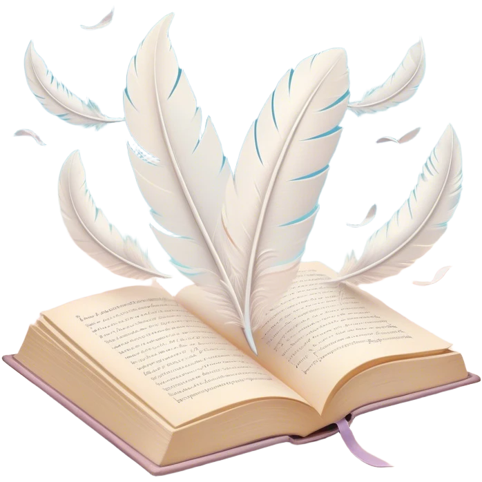 Create a delicate and poetic emoji representing poetry. The design should feature several elegantly flying pages with short poetic columns written on them. The pages should appear light and flowing, almost as if being carried by the wind. Include a white feather gently resting on the pages, symbolizing creativity and inspiration. Use soft, pastel tones to give it a dreamy, artistic feel. The design should feel ethereal and whimsical, capturing the essence of poetry. Make the background transparent. emoji