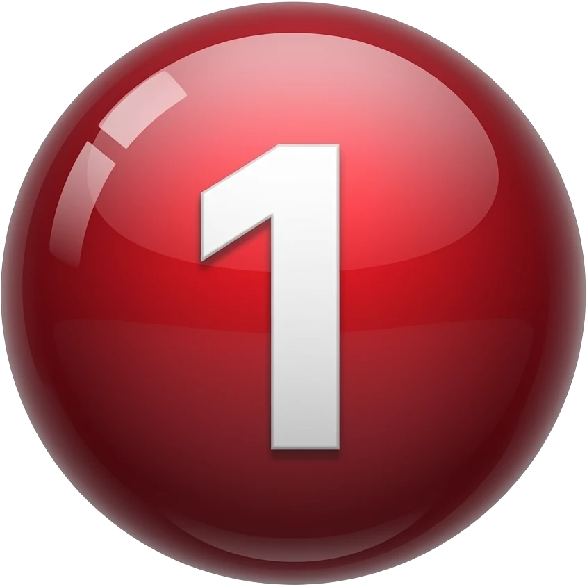 Glossy 3D sphere emoji, "1" bold white text centered, gradient from red to dark red, glass reflection highlight, bubble style icon emoji
