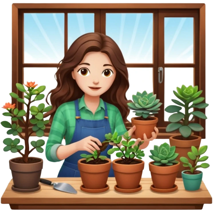 
Close-up of a woman with long, wavy brown hair planting a seedling in a pot. Surrounding her are plants and succulents with vibrant leaves and flowers. Sunlight filters through the window, casting soft shadows. A cozy interior space with gardening tools on a wooden table. emoji