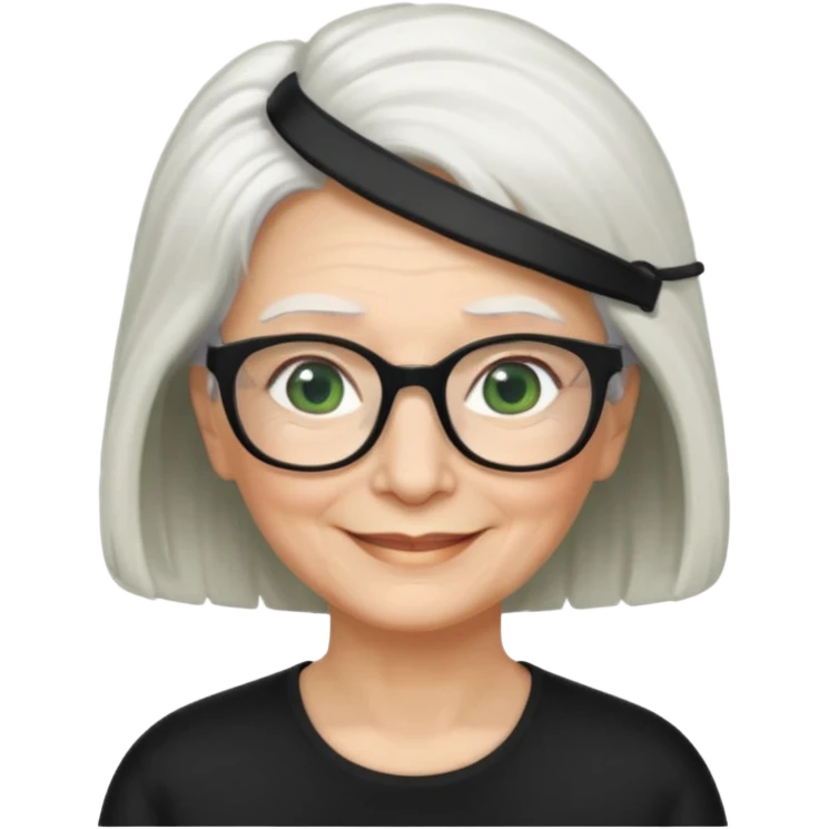 White hair grandma, green eyes, hair to shoulder, lokeg black glasses, rectangles face, smile , emoji