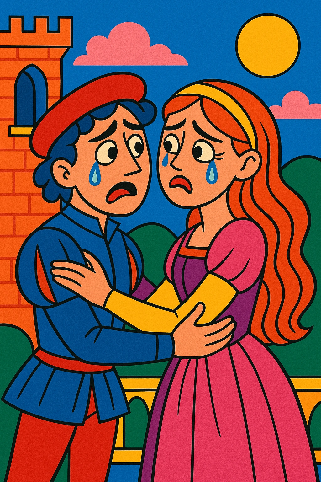 Romeo and Juliet in a cartoon farewell embrace, teary eyes, dramatic but playful, cartoon style emoji