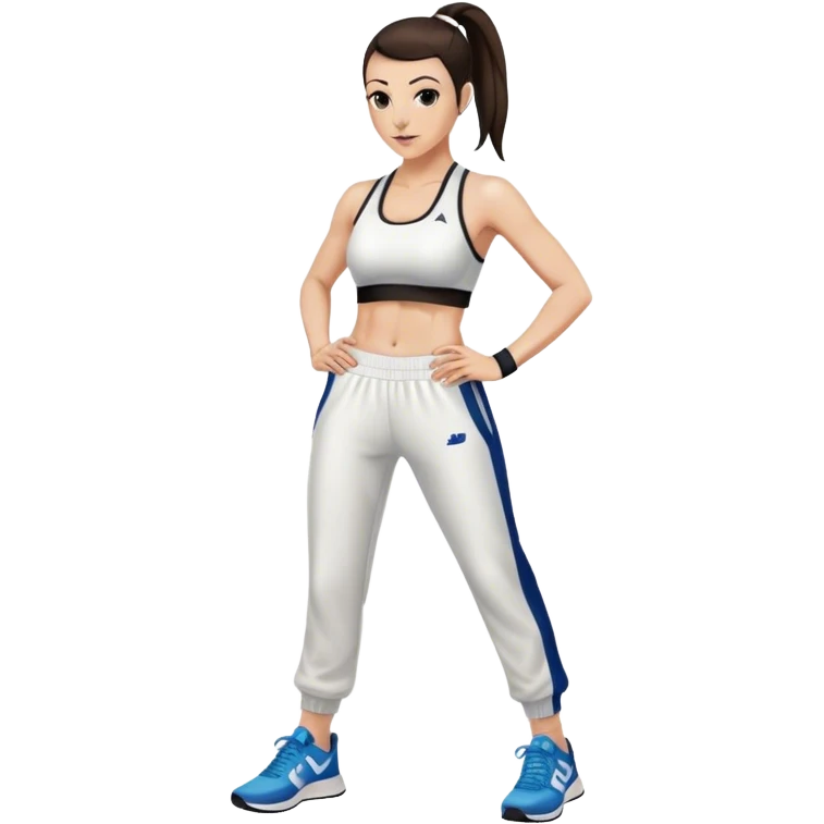 Melanie chisholm with a dark brown high ponytail wearing a sports bra and track pants with sneakers emoji