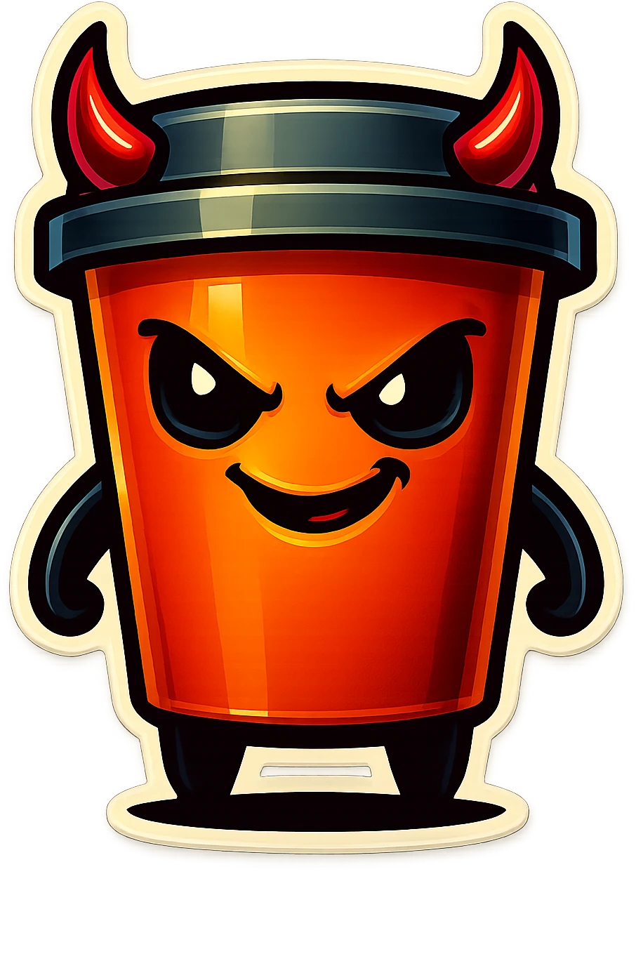 Tall coffee cup, devil horns, smirking, evil emoji