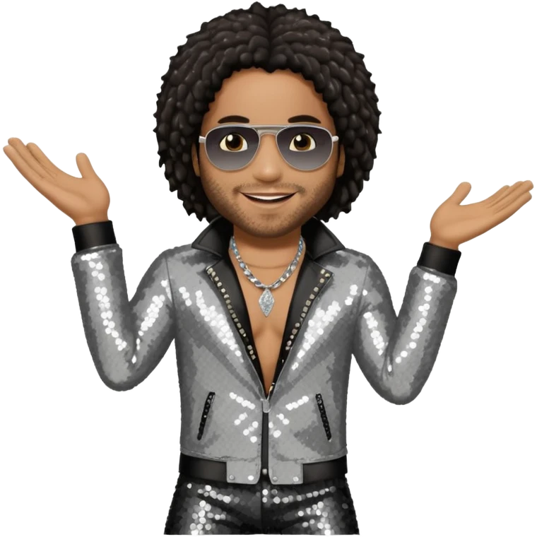 Lenny Kravitz with long dark brown hair, silver sequin outfit emoji