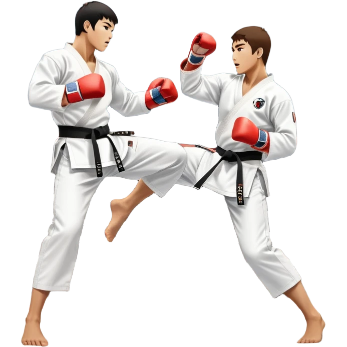Two taekwondo fighters in traditional white doboks with black belts. One delivers a powerful kick, while the other defends by blocking with his knee. The background shows a professional arena with bright lights and an excited crowd. Transparent background highlights the intense action emoji
