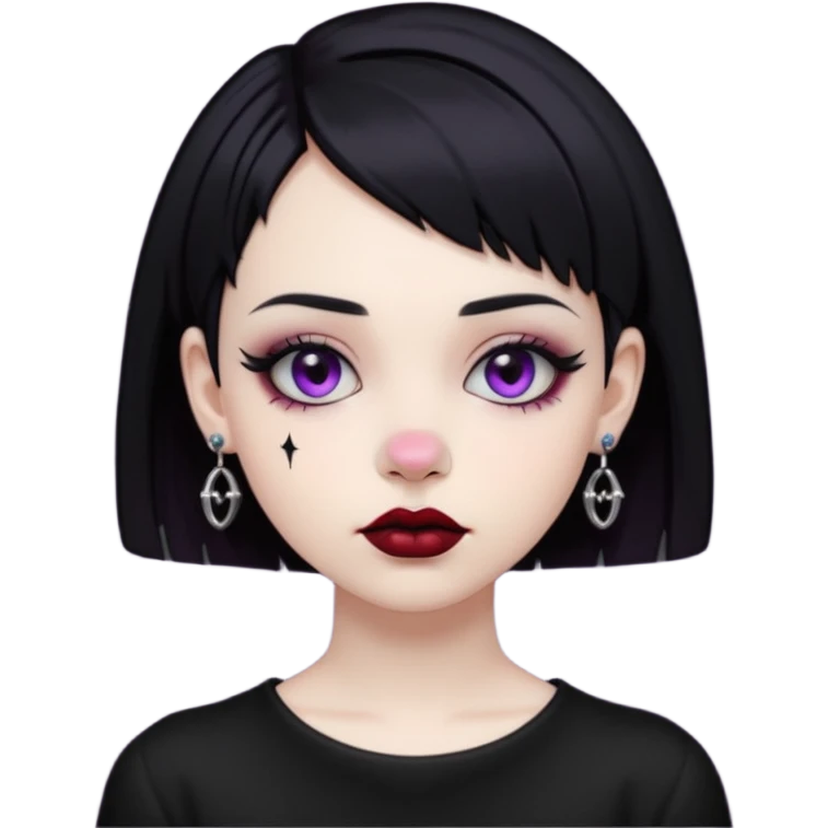 A girl with black and short hair, Gothic style lip and nose piercings and earrings emoji