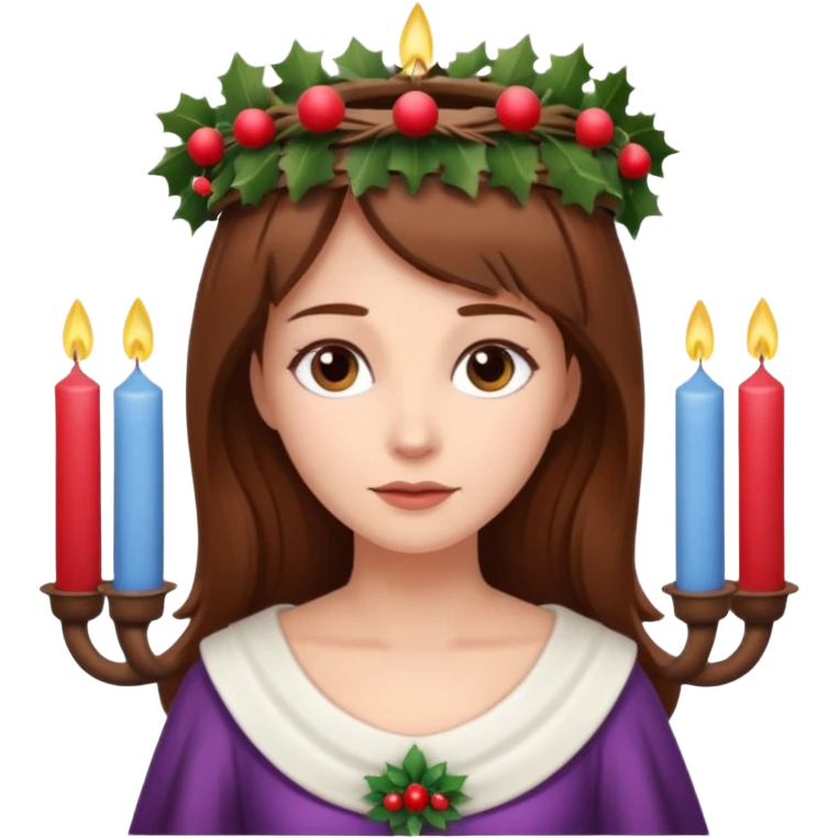brown haired white women with white gown and advent wreath with candles on the head emoji