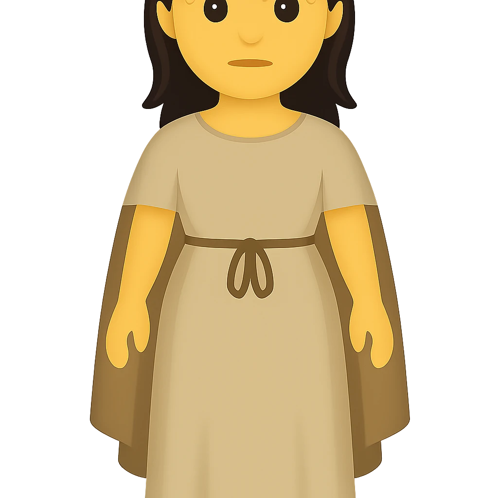Create a fullbody view of a character in the style and proportions of the reference image. The character should wear a plain light tan dress, have dark hair, and wear a matching cape from the reference image. The style is emoji style with a transparent background. emoji