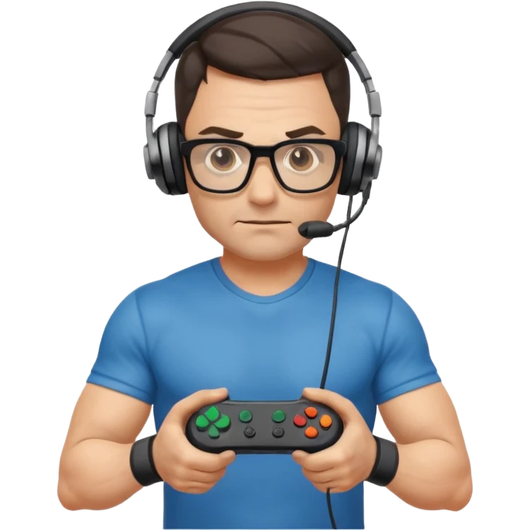 
gamer, Very fit muscular 40-year-old with youthful looks glasses, headphone, gamepad emoji
