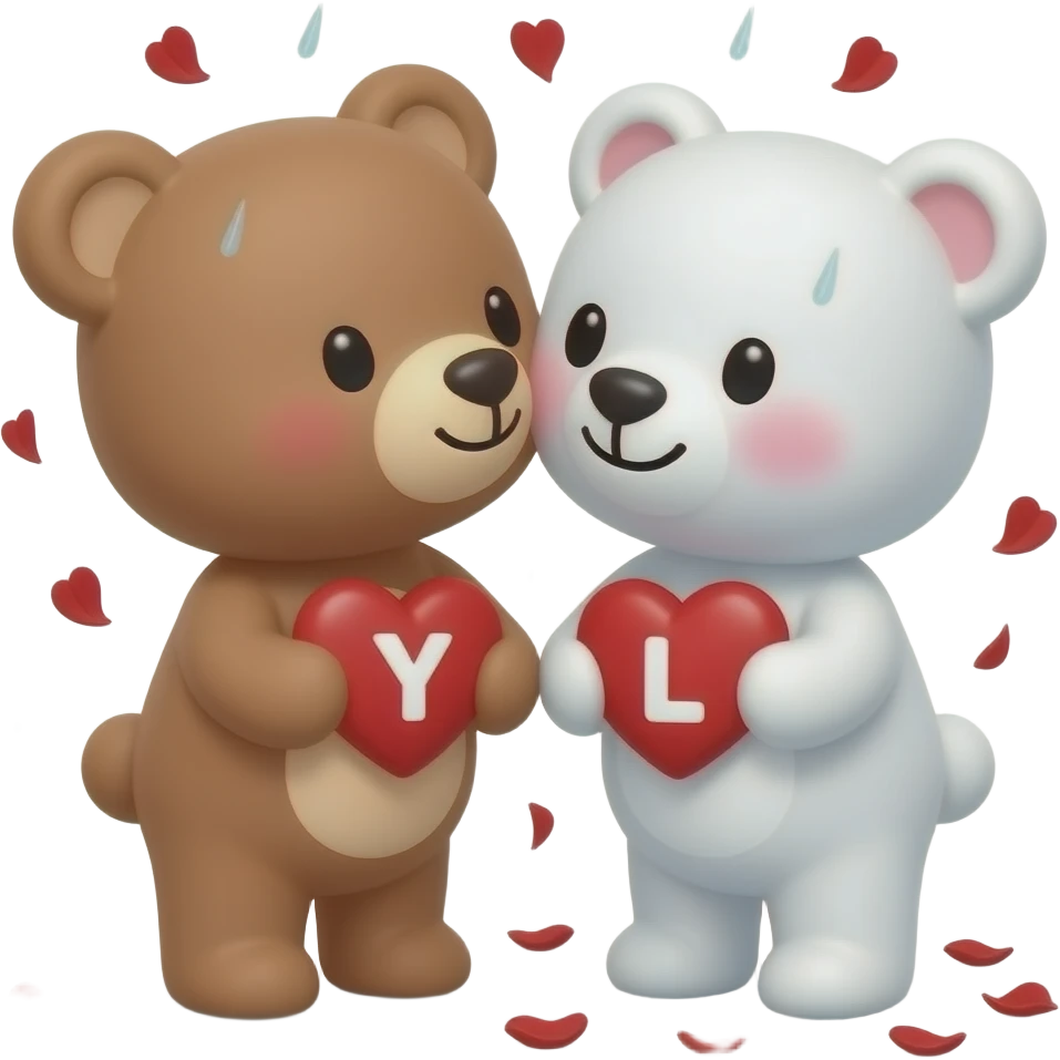 I want one light brown bear teddy kissing on cheek white bear teddy both holding heart , both a little furry, the  white bear blushes and smiles , add letter Y to the heart of the brown bear and letter L to the heart of the white bear , raining red rose petals emoji