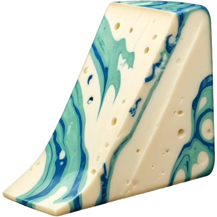 wedge of gorgonzola cheese creamy pale ivory inside with bold blue-green veins, slightly moist and rich surface, natural beige rind, smooth cut showing marbling, no plate or extras, soft lighting, emoji scale emoji