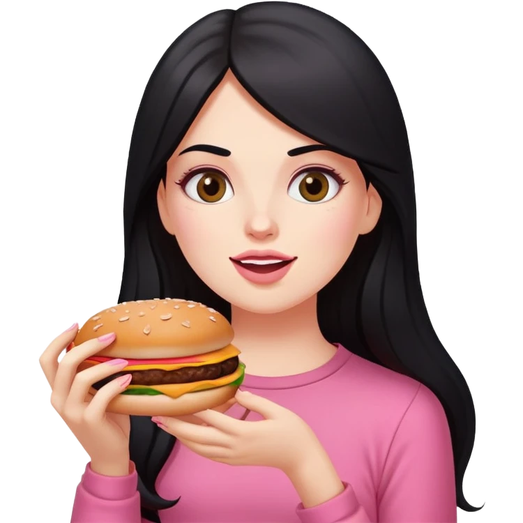 White girl in pink clothes and long black hair eating burger and pizza emoji