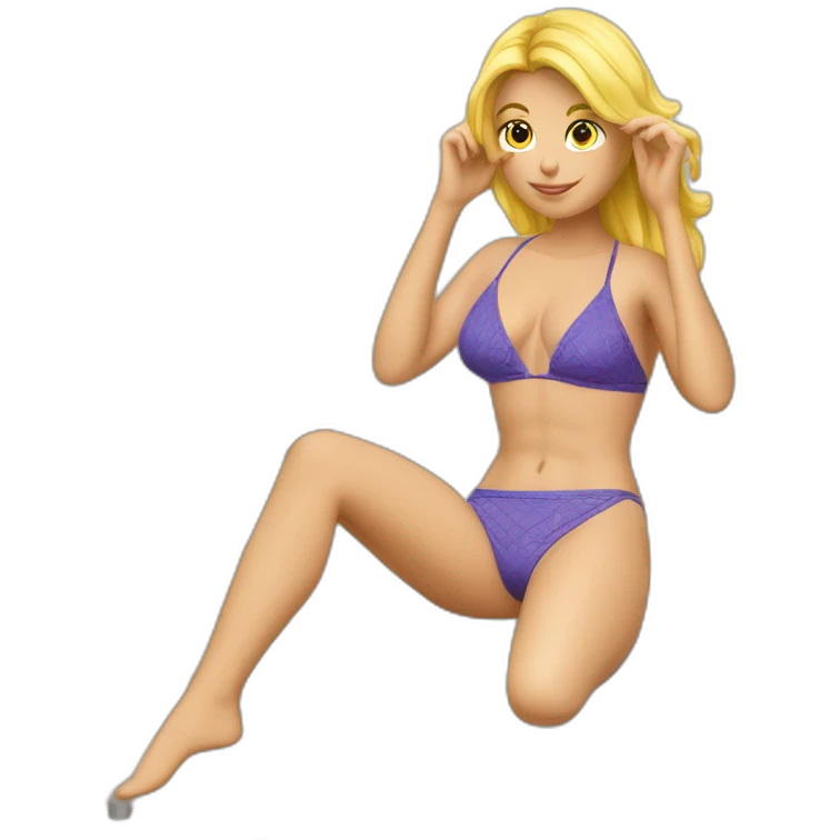 Soft-fit Caucasian woman bikini abs (hands-in-hair pose) (full body) couch emoji