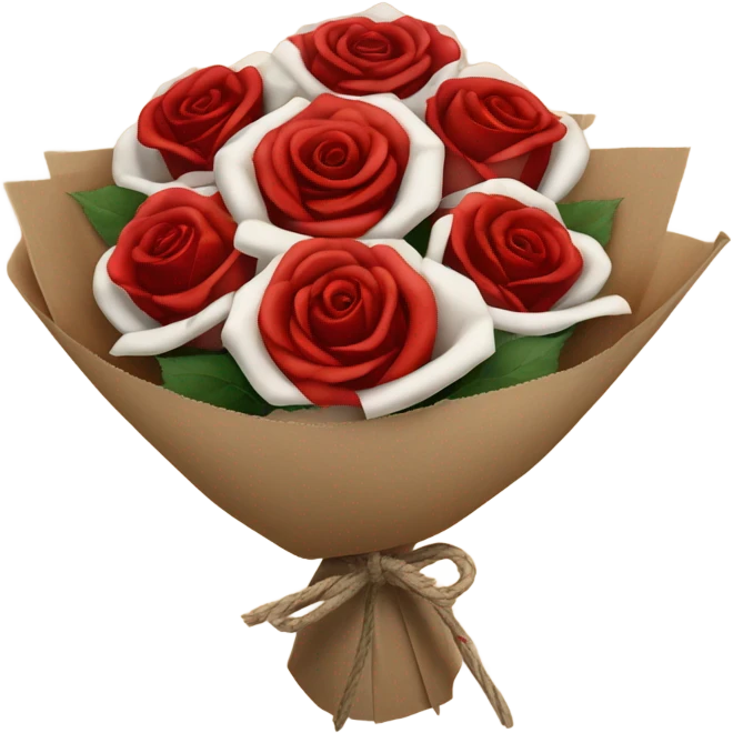 Rose bouquet wrapped in light brown paper, red and white roses. The paper must show at the back and the bow must be rope. White and res roses. Just a bit bigger emoji