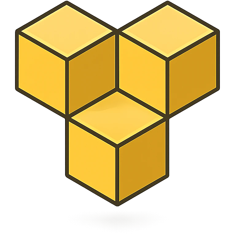 symbol composed of three golden (#FFD700) 3D cubes connected, two cubes on top side by side slightly spaced, third cube centered below forming an inverted triangle, isometric perspective, clean lines, well-defined edges, golden metallic finish, modern geometric minimalist style emoji