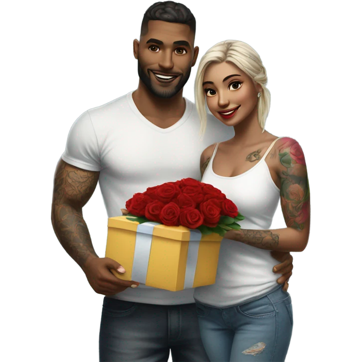 Hyper Realistic beautiful woman receiving a gift and a bouquet of roses from a handsome tattooed man  emoji