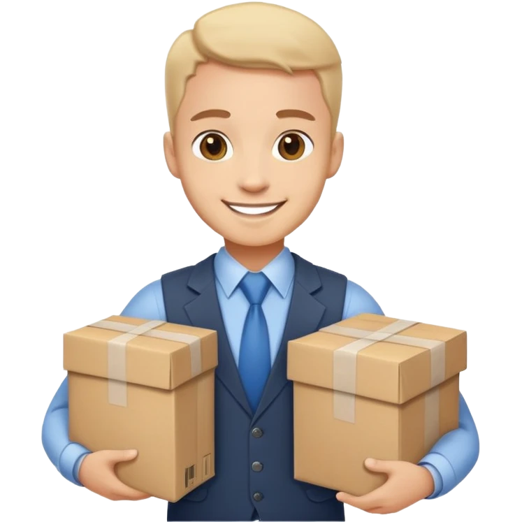 A friendly business person with packages and supplies, smiling and ready to deliver goods emoji