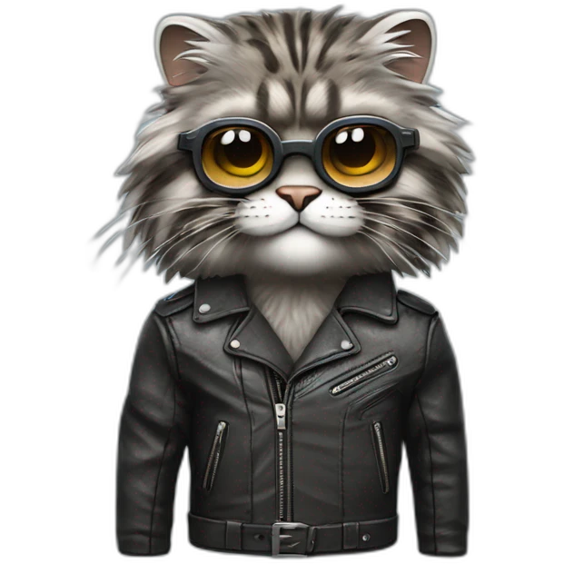 very cool manul pallas cat wearing glasses and a leather jacked in a motorcycle emoji