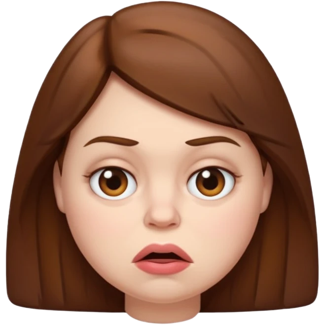 a grumpy brown-haired woman with plump tits and a plump mouth emoji