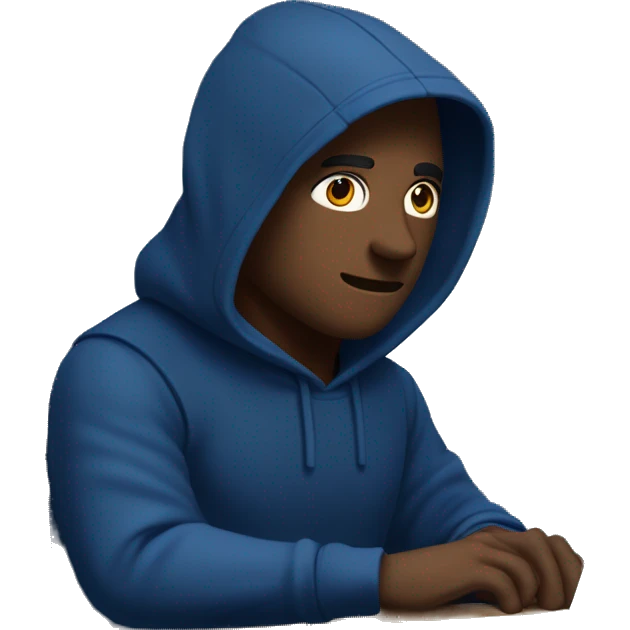A man in a dark blue hoodie with a capelet on his head, his face not visible in the shadows, is sitting at a computer. emoji