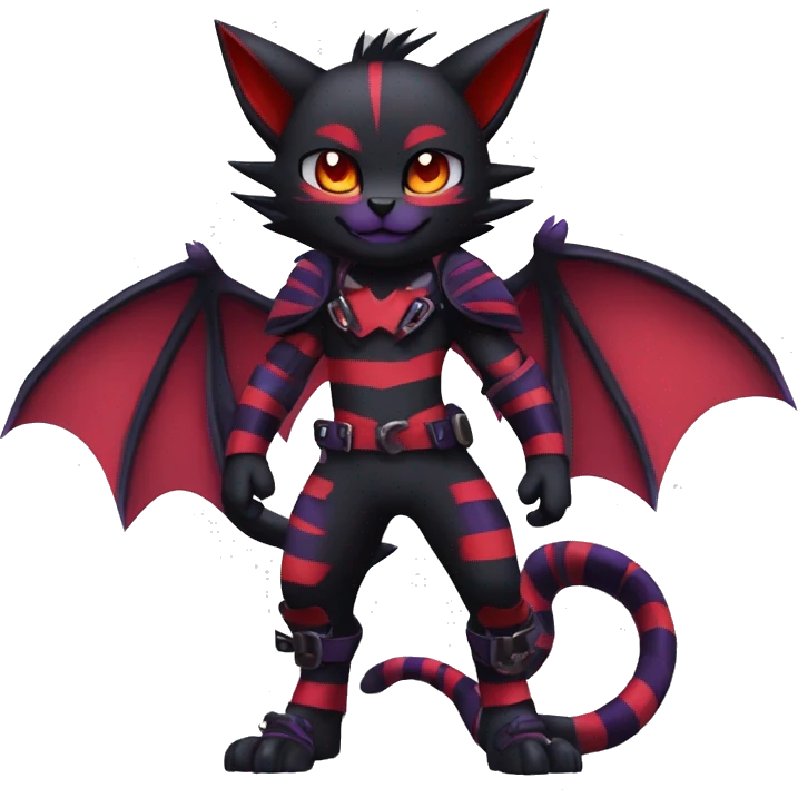 Black-Red-Purple Anthro Cool Punk Bat-Litten-Fakemon-fursona with fangs and stripes Full Body emoji