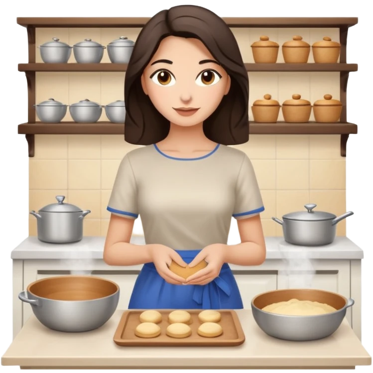 greek girl/woman (shoulder length dark brown hair) that wears sleek stylish clothes, loves to bake and interior design emoji