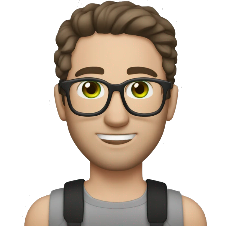 white man, green eyes, dark brown hair with a slight gray streak, narrow glasses, tattoo on his hand emoji