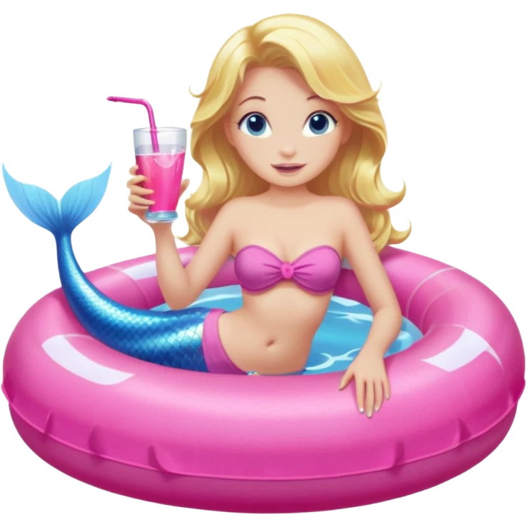 a mermaid with blonde hair and blue eyes sitting in a pink pool tube in a blue pool sipping a drink wearing a pink bikini top and a pink mermaid tail  emoji