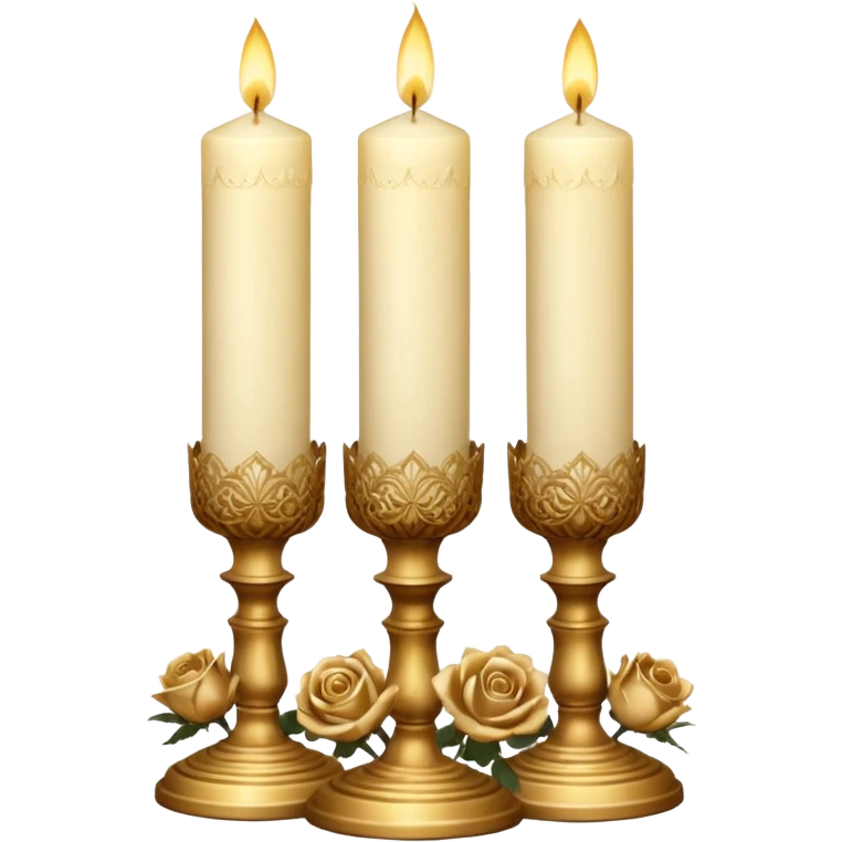 Victorian Candle Set
A cluster of tall, ivory candles in ornate golden holders. Some are carved with lace-like patterns, others wrapped in translucent brown ribbon and dried golden roses. emoji