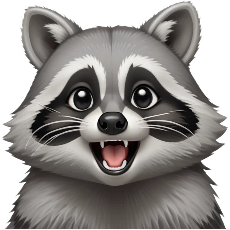Cinematic-cute realistic- Yawning Raccoon-Portrait-Emoji – Poised and confident, wide-open yawn, revealing a soft grey with a sturdy build and a beautifully textured fur of silver-grey accented by dark black facial markings, deep-set, big black eyes, simplified yet sharp and sophisticated zoom out to show shoulders emoji
