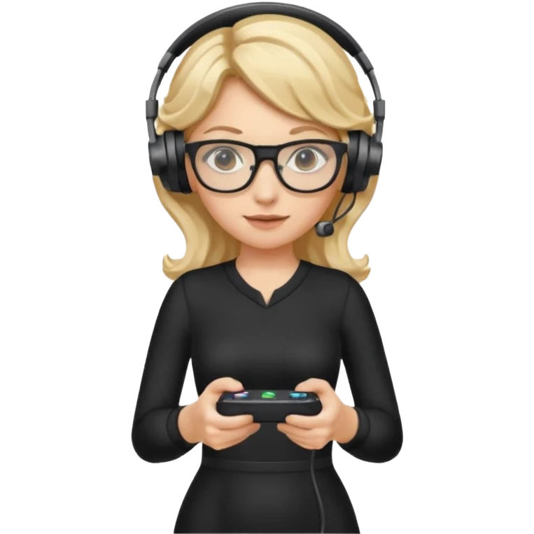
gamer, woman with blond wavy hair, tight black dress with a white line with glasses, headphone, gamepad emoji