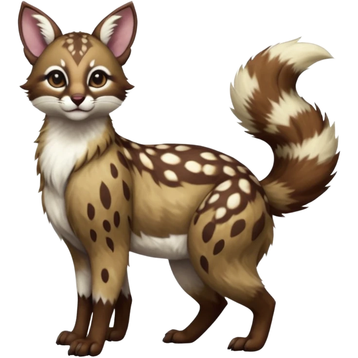 Colorful dark realistic chocolate-brown tropical beige fur glorious divine exotic cute cool beautiful shiny beautiful fantasy-Furret-Eevee-caracal-civet-genet-sergal-vernid-Cacomistle-oncilla-animal-Fakémon-hybrid-fursona with white deer-spots pattern markings (full body) emoji