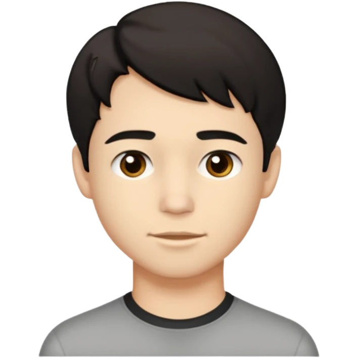 A young man with light skin tone, short wavy black hair parted to the side, large brown eyes, and a neutral expression with a small closed-mouth smile. emoji