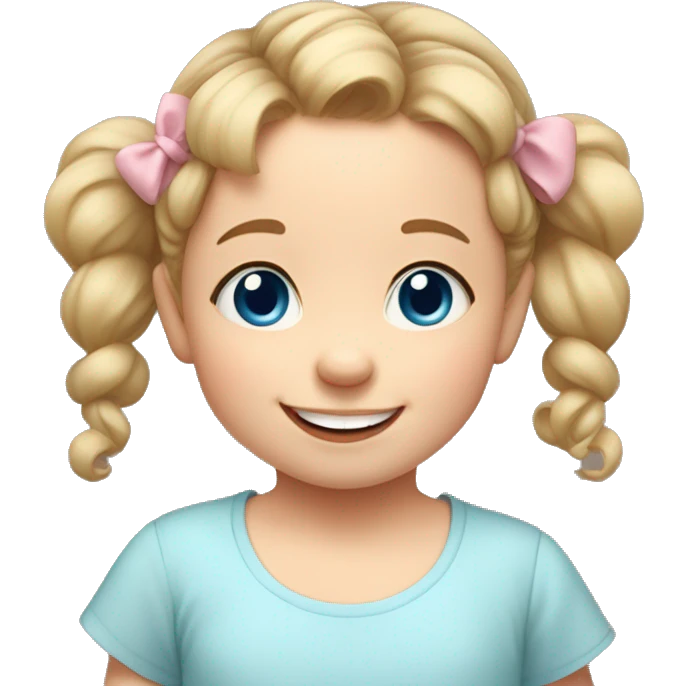 A toddler girl with 2 tiny pig tails on top of her hair with tiny bows, fair skin, blue eyes, light brown hair, smiling, wearing a pastel shirt emoji