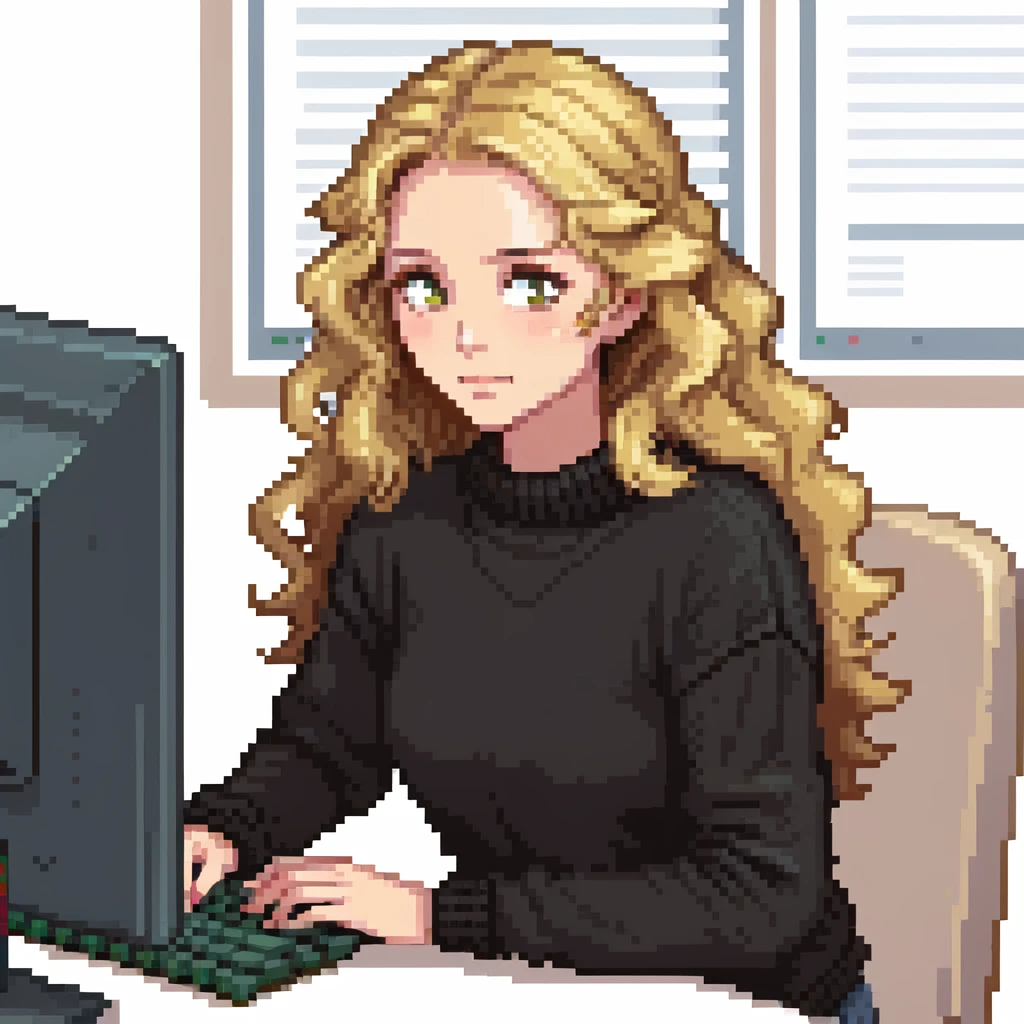 pretty brown-eyed blonde young woman with wavy hair, wearing a black sweater, working on a computer in a cozy office emoji